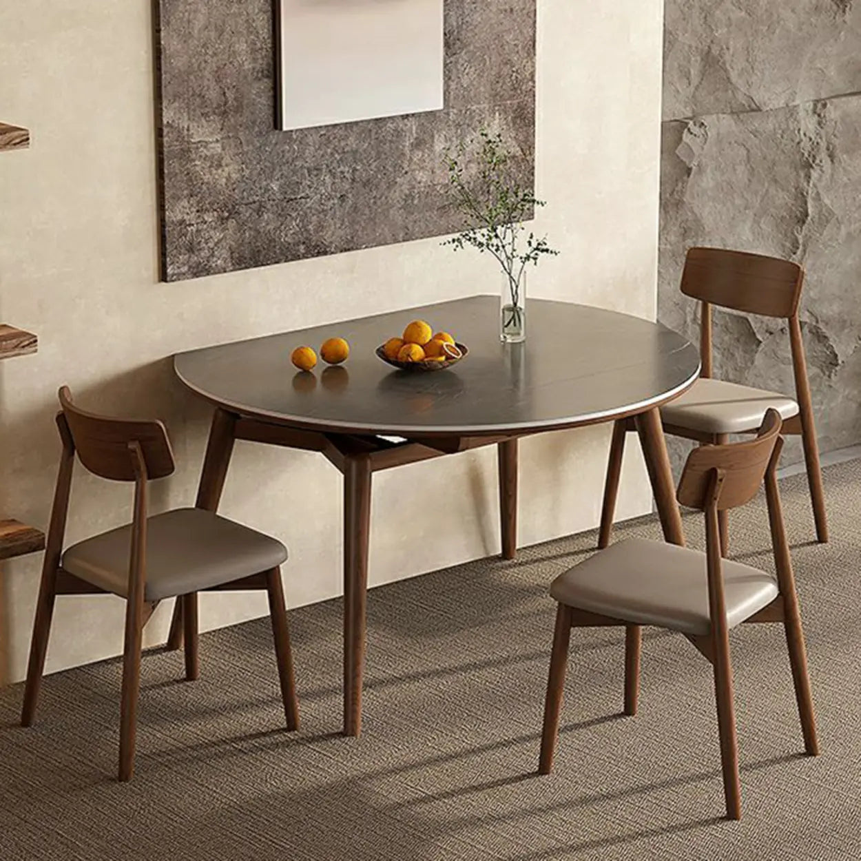 Modern Oval Stone-Top Extendable Wooden-Leg Dining Table — White / Table Only