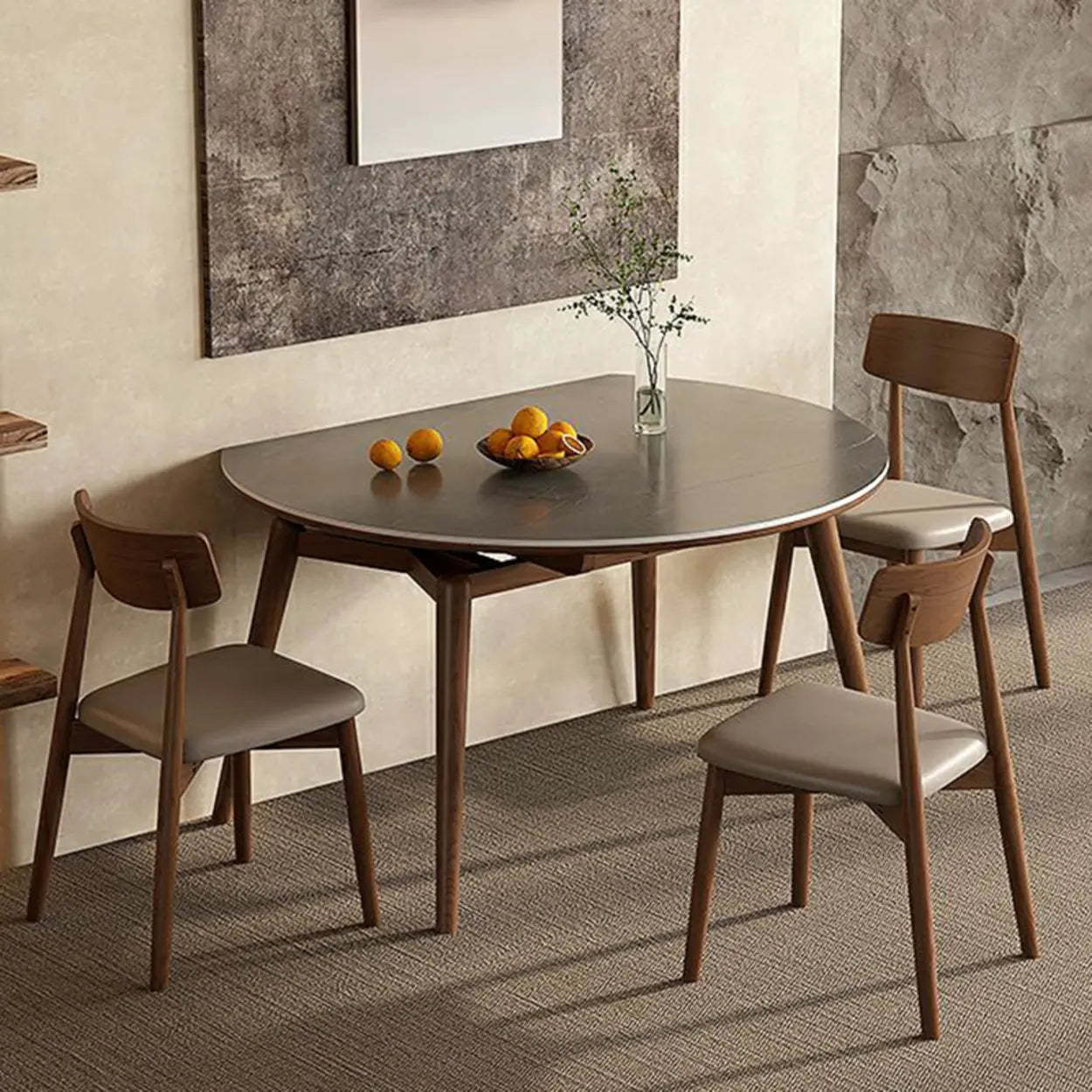 Modern Oval Stone-Top Extendable Wooden-Leg Dining Table — White / Table Only