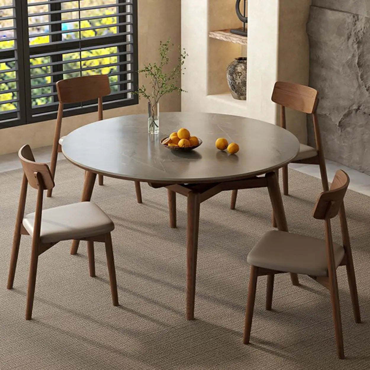 Modern Oval Stone-Top Extendable Wooden-Leg Dining Table — Walnut / Table Only