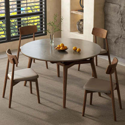 Modern Oval Stone-Top Extendable Wooden-Leg Dining Table — Walnut / Table Only