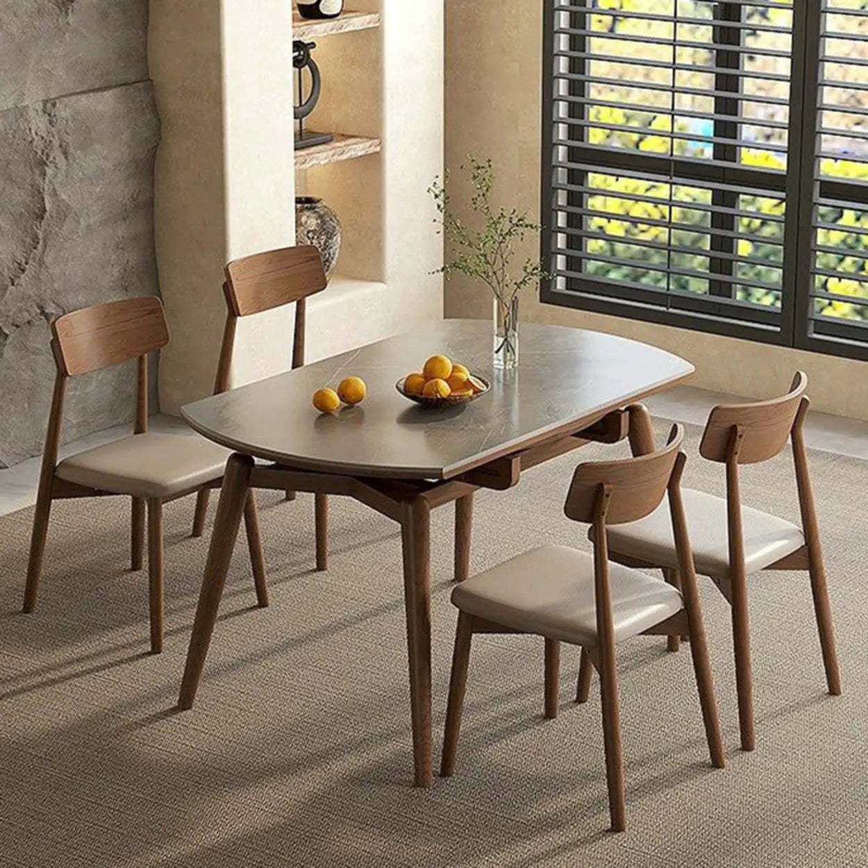 Modern Oval Stone-Top Extendable Wooden-Leg Dining Table — Walnut / Table Only