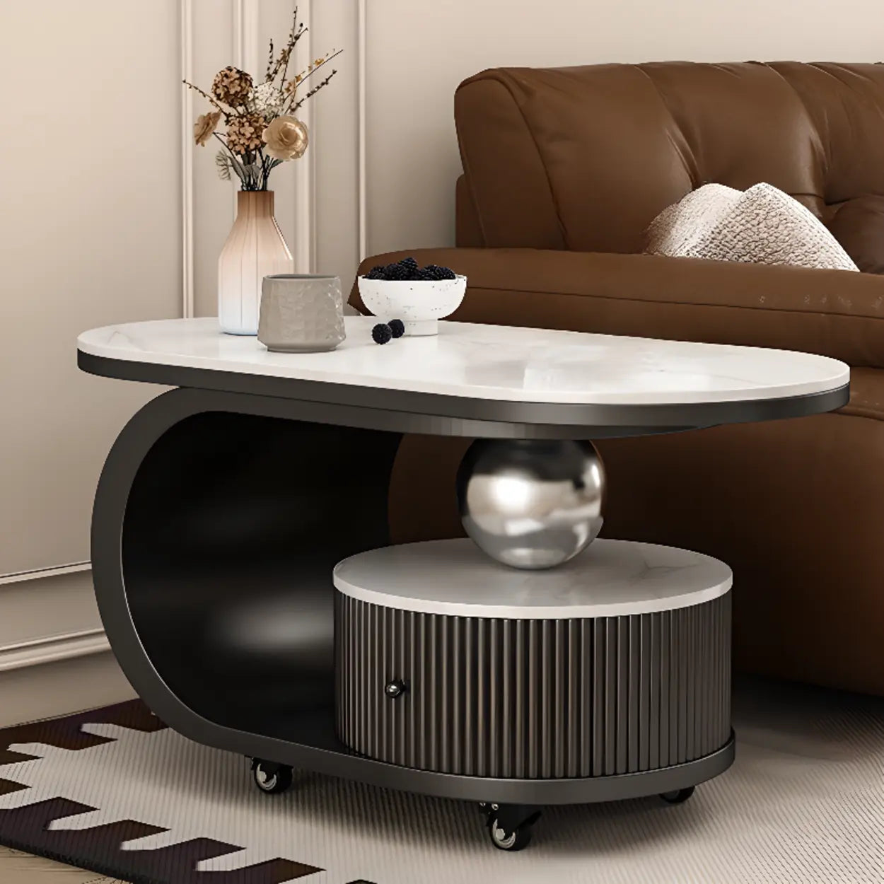Modern Oval Stone Side Table with Casters