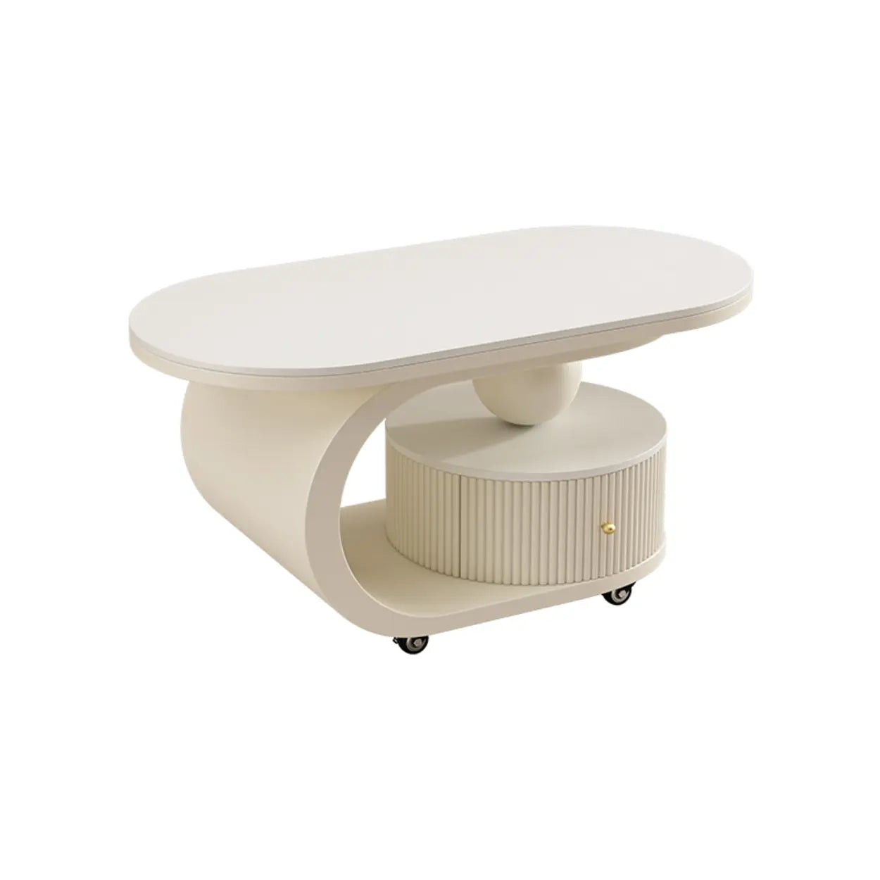 Modern Oval Stone Side Table with Casters — Beige / White
