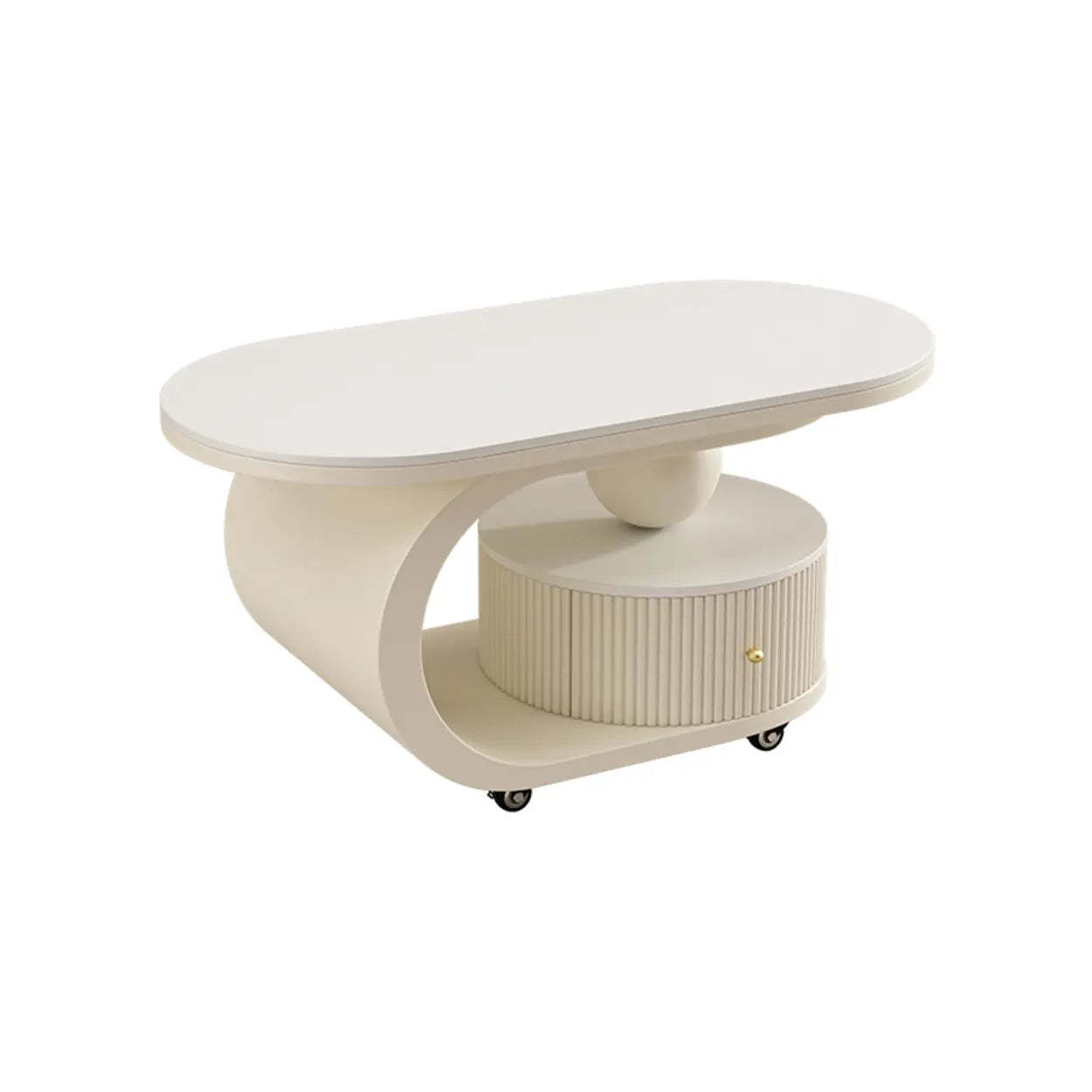 Modern Oval Stone Side Table with Casters — Beige / White