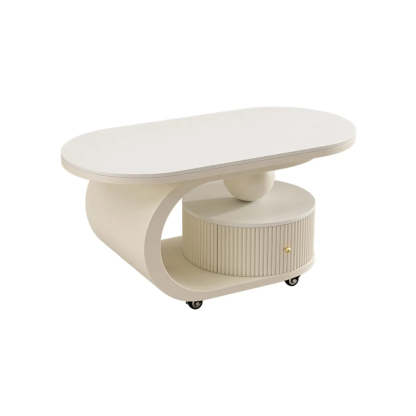 Modern Oval Stone Side Table with Casters — Beige / White