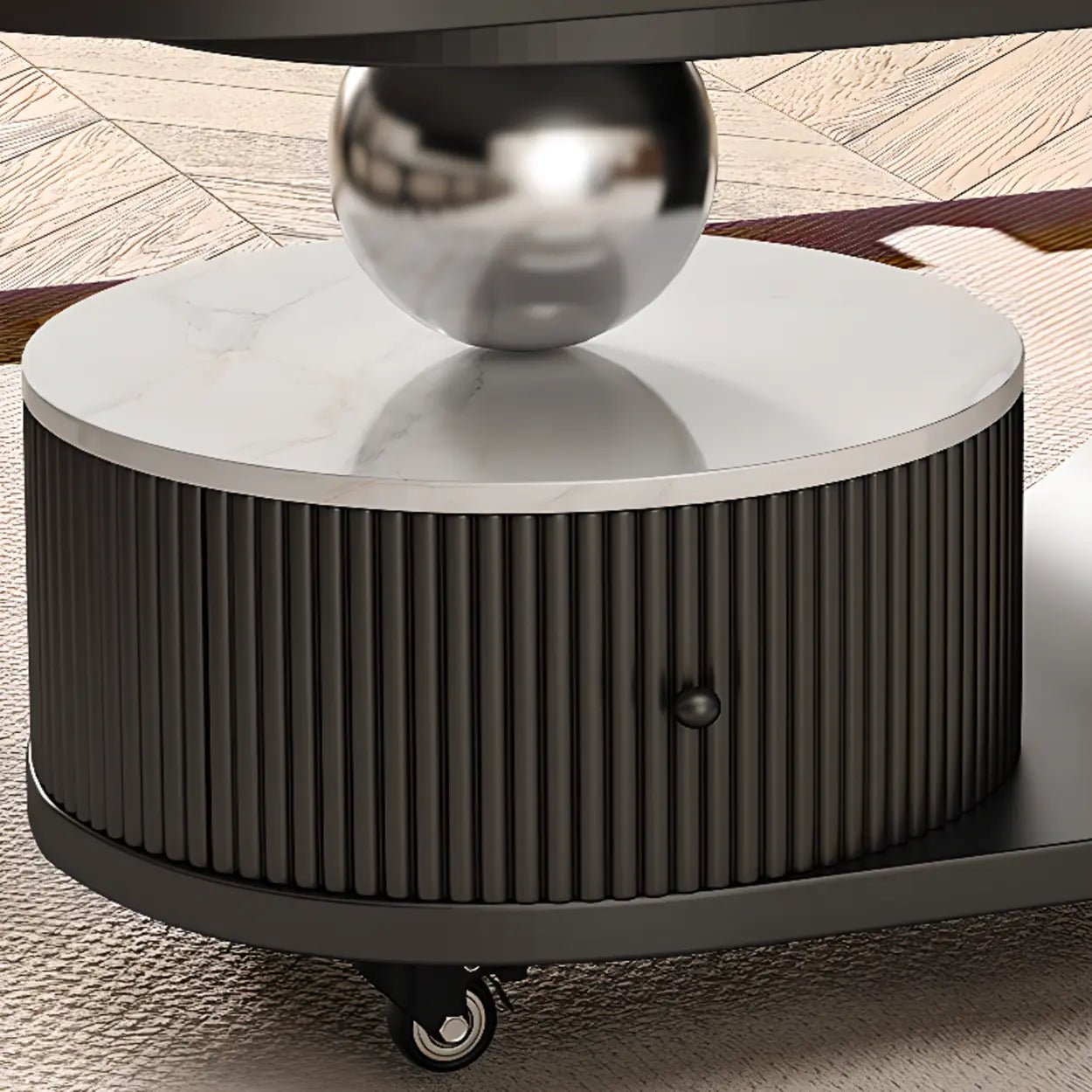 Modern Oval Stone Side Table with Casters — Beige / White/Grey