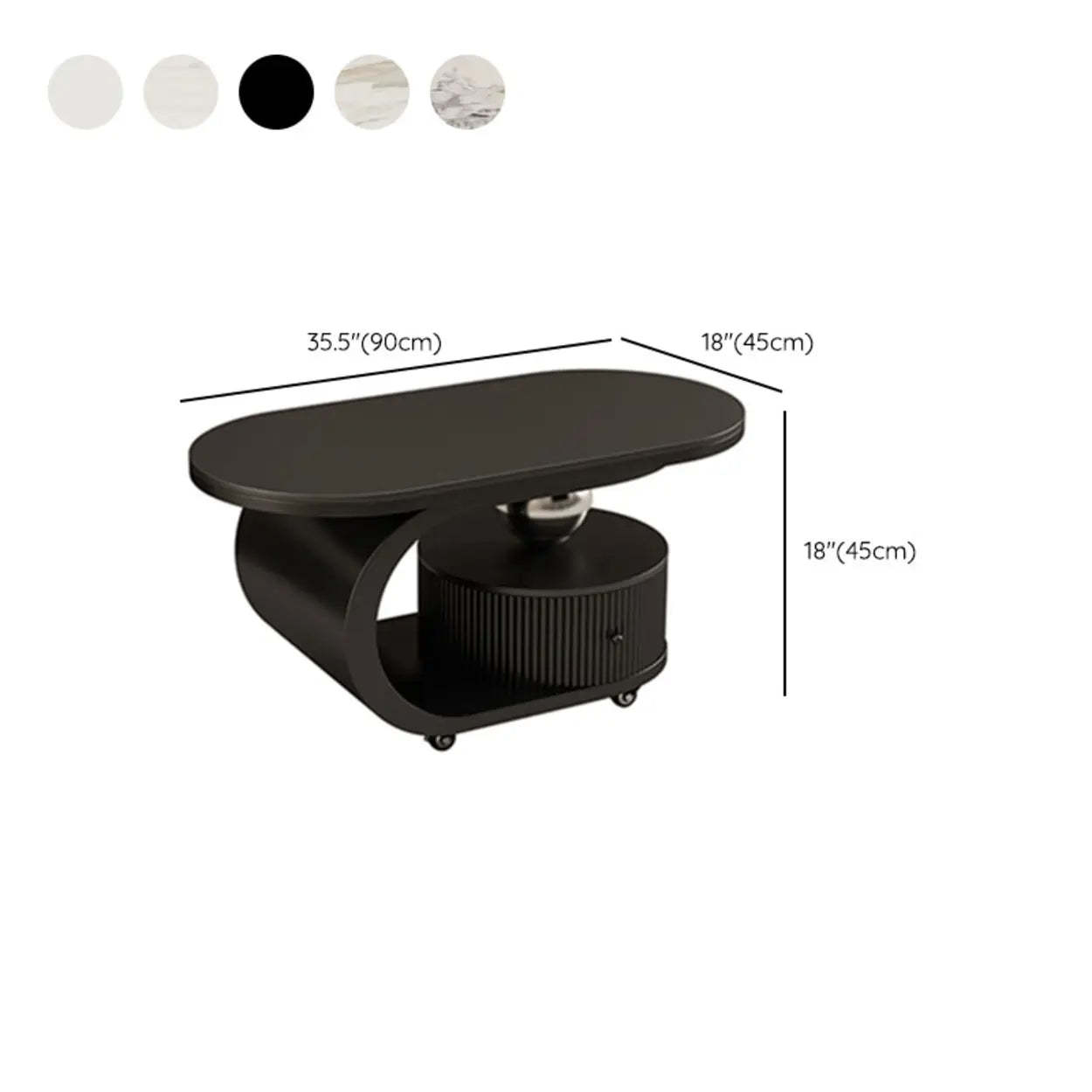 Modern Oval Stone Side Table with Casters — Black / Pandora