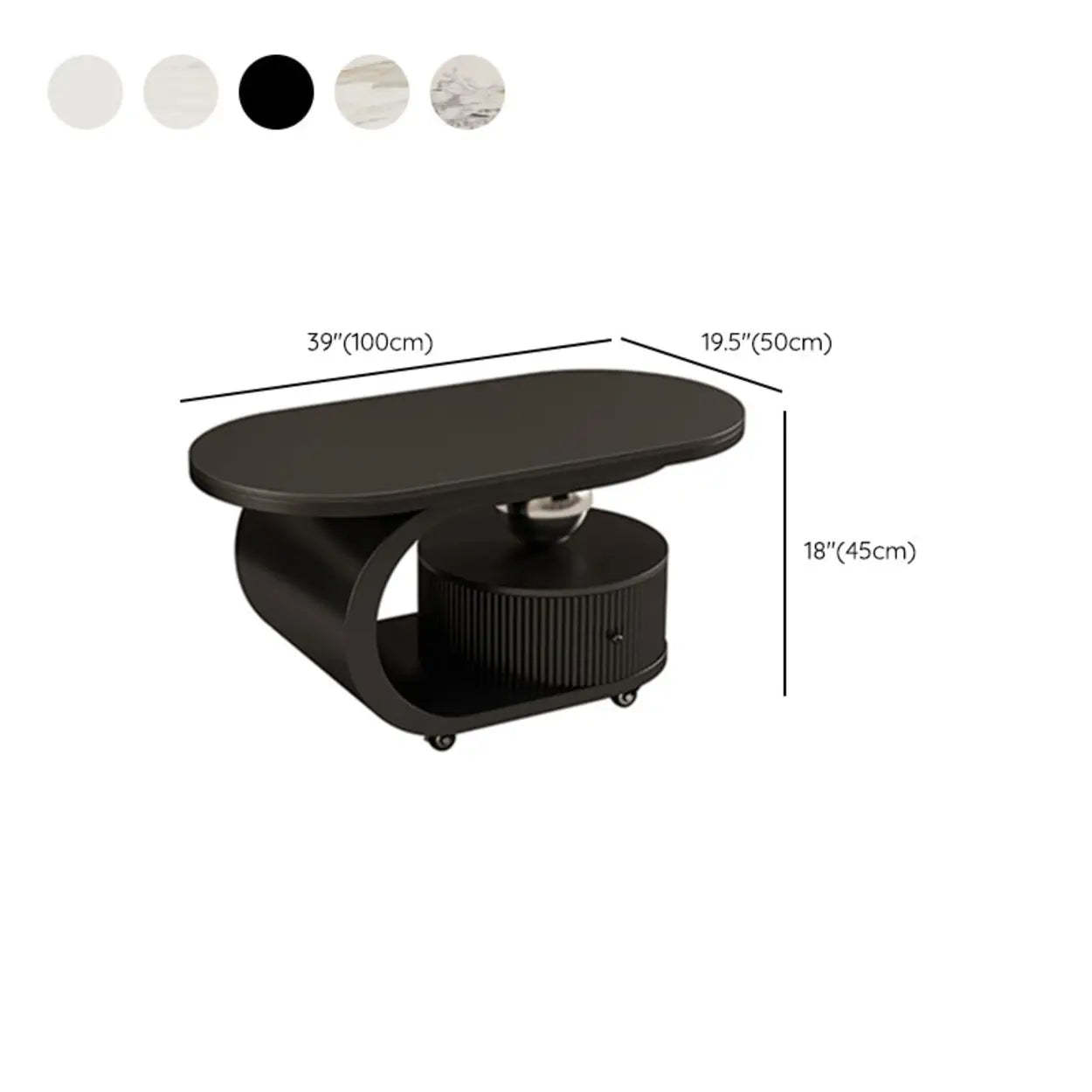 Modern Oval Stone Side Table with Casters — Black / White/Grey