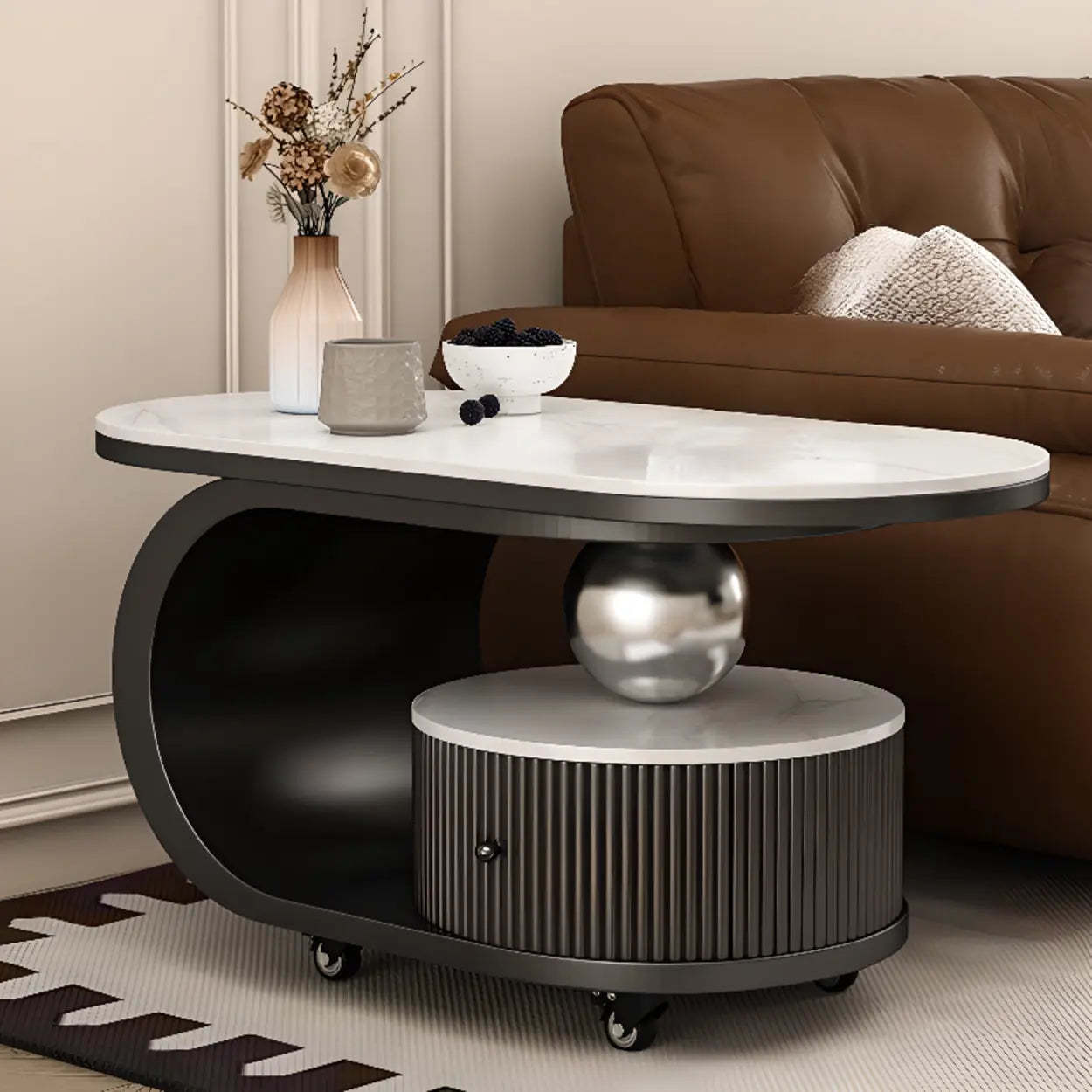 Modern Oval Stone Side Table with Casters — Black / Black