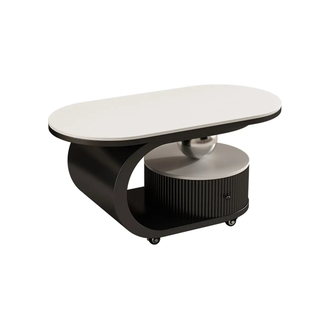 Modern Oval Stone Side Table with Casters — Black / White