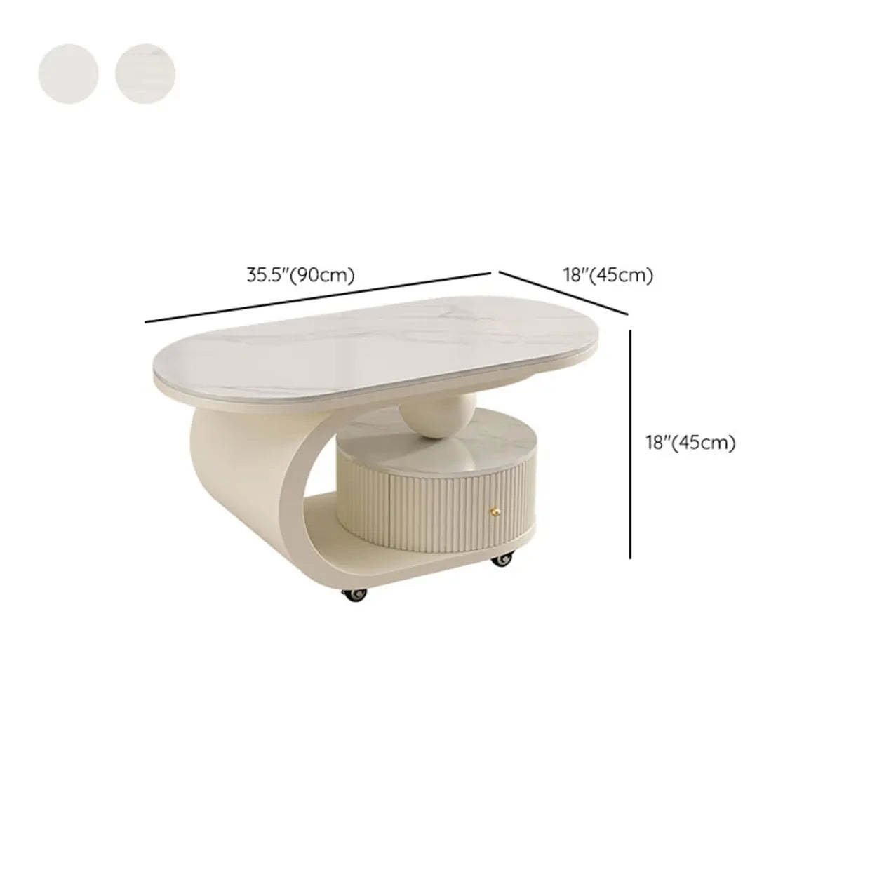 Modern Oval Stone Side Table with Casters — Beige / White