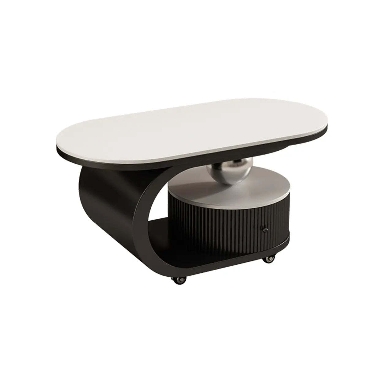 Modern Oval Stone Side Table with Casters — Black / White