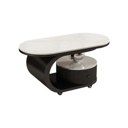 Modern Oval Stone Side Table with Casters — Black / Pandora