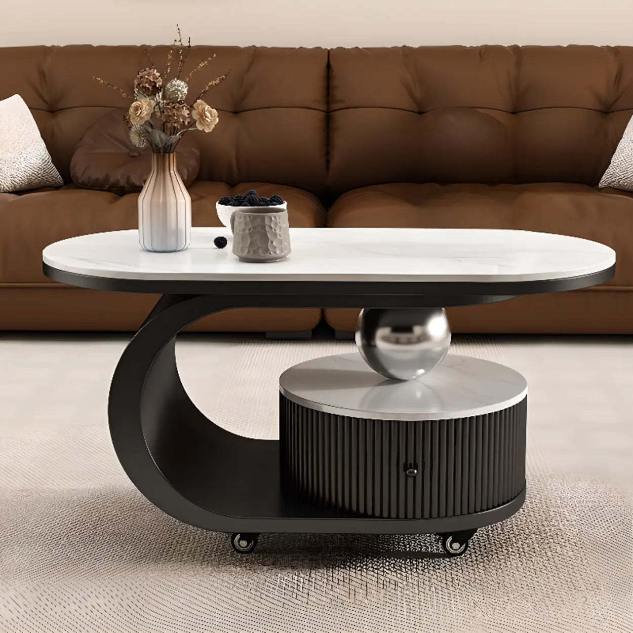 Modern Oval Stone Side Table with Casters — Black / White/Grey