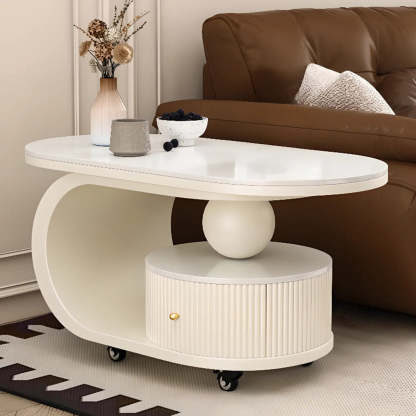 Modern Oval Stone Side Table with Casters — Beige / White