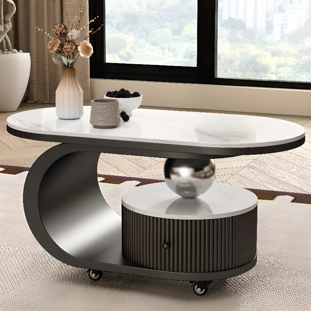 Modern Oval Stone Side Table with Casters — Black / Black