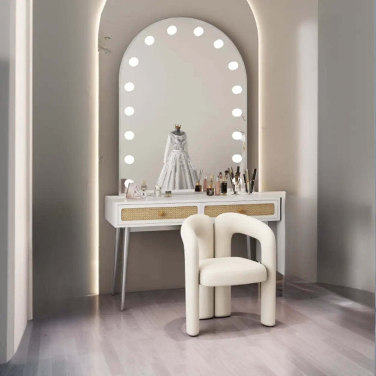 Modern Oval Timber Mirror White Makeup Vanity Set — White-Black / Makeup Vanity & Mirror
