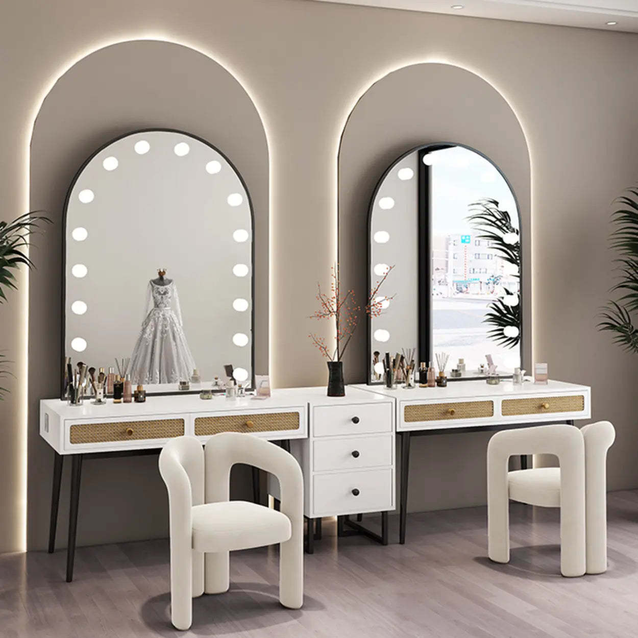 Modern Oval Timber Mirror White Makeup Vanity Set — Black / Makeup Vanity & Mirror
