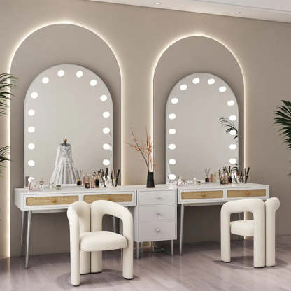 Modern Oval Timber Mirror White Makeup Vanity Set — White / Makeup Vanity & Stool & Mirror