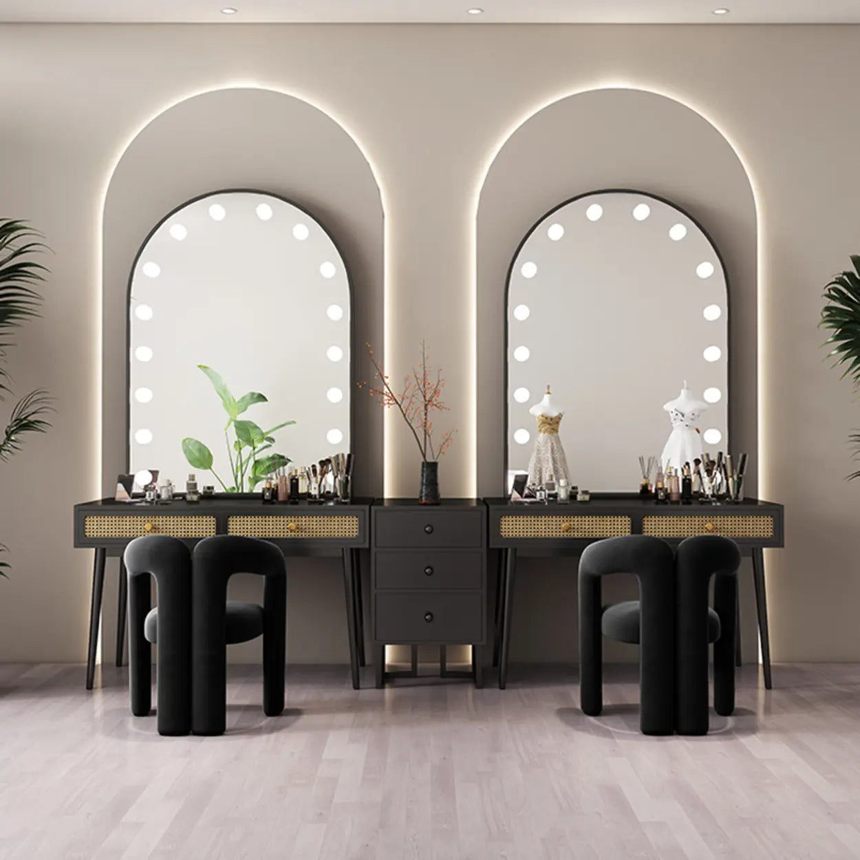 Modern Oval Timber Mirror White Makeup Vanity Set — White-Black / Makeup Vanity & Stool & Mirror