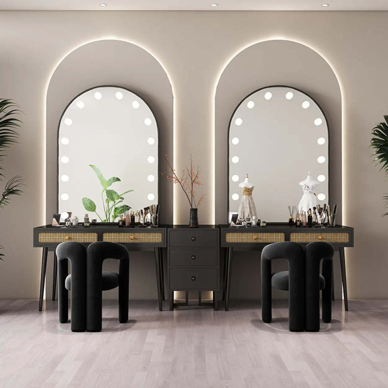 Modern Oval Timber Mirror White Makeup Vanity Set — White-Black / Makeup Vanity & Stool & Mirror