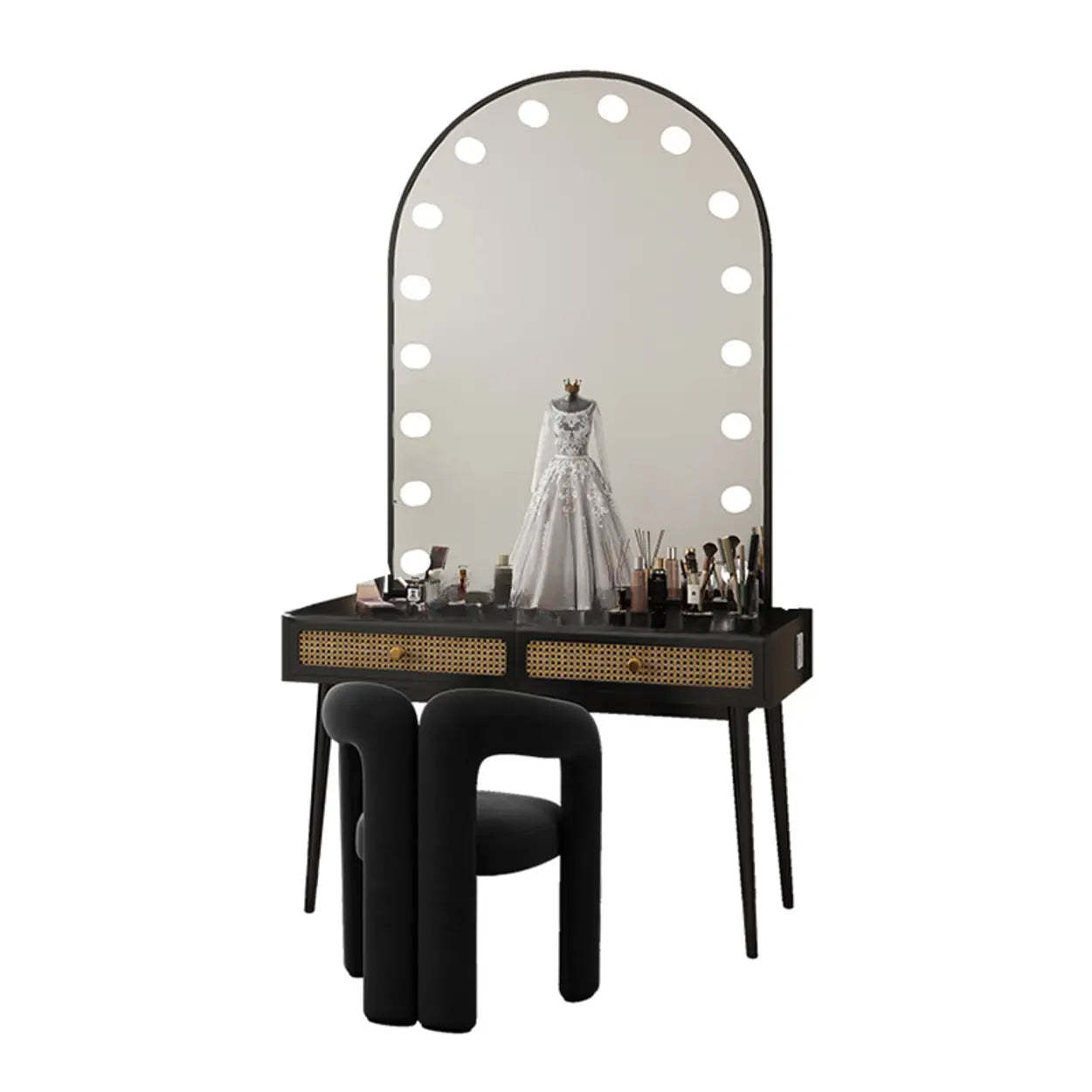 Modern Oval Timber Mirror White Makeup Vanity Set — Black / Makeup Vanity & Mirror
