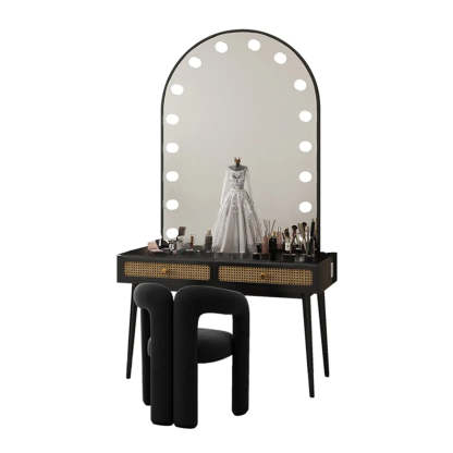 Modern Oval Timber Mirror White Makeup Vanity Set — Black / Makeup Vanity & Mirror