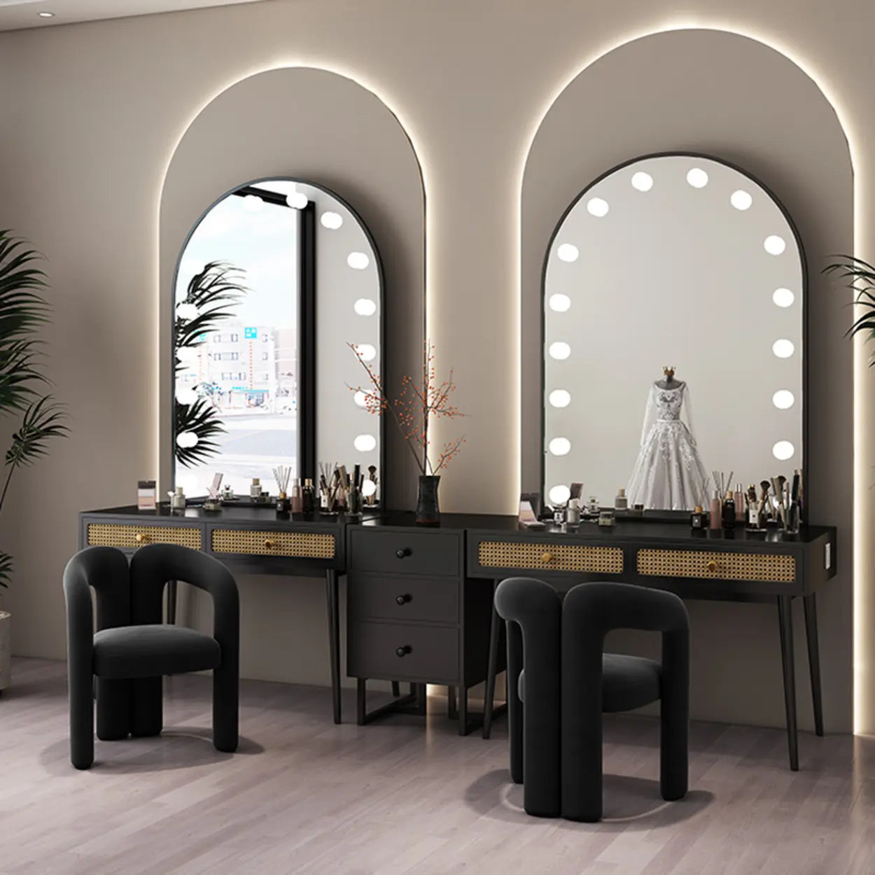 Modern Oval Timber Mirror White Makeup Vanity Set — Black / Makeup Vanity & Stool & Mirror