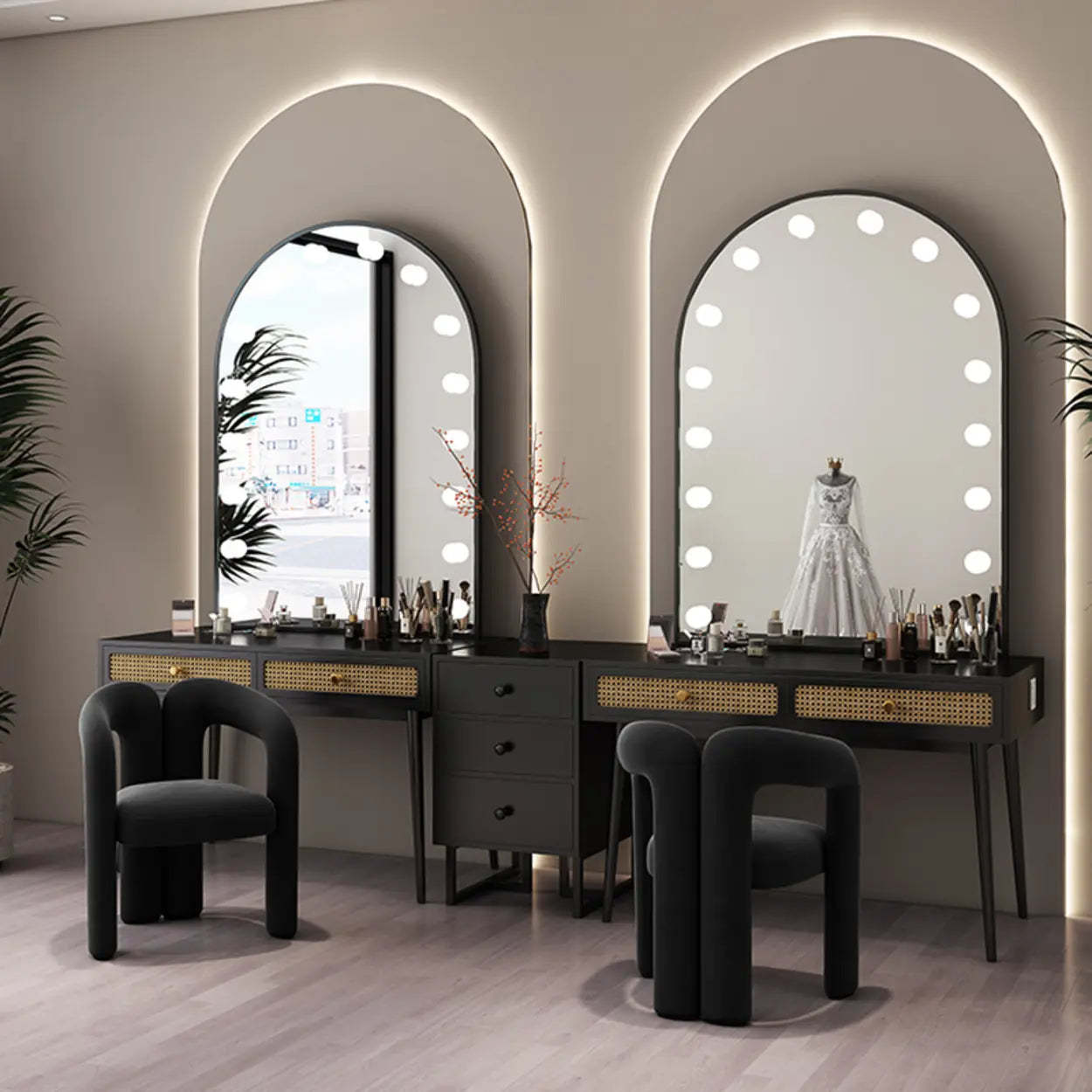 Modern Oval Timber Mirror White Makeup Vanity Set — Black / Makeup Vanity & Stool & Mirror