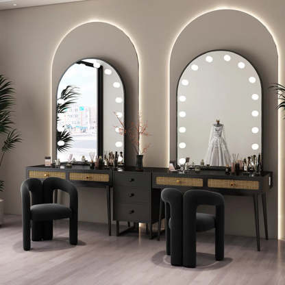 Modern Oval Timber Mirror White Makeup Vanity Set — Black / Makeup Vanity & Stool & Mirror