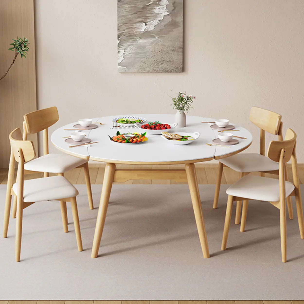 Modern Oval White Wood Self-Storing Leaf Dining Table — Without Chairs