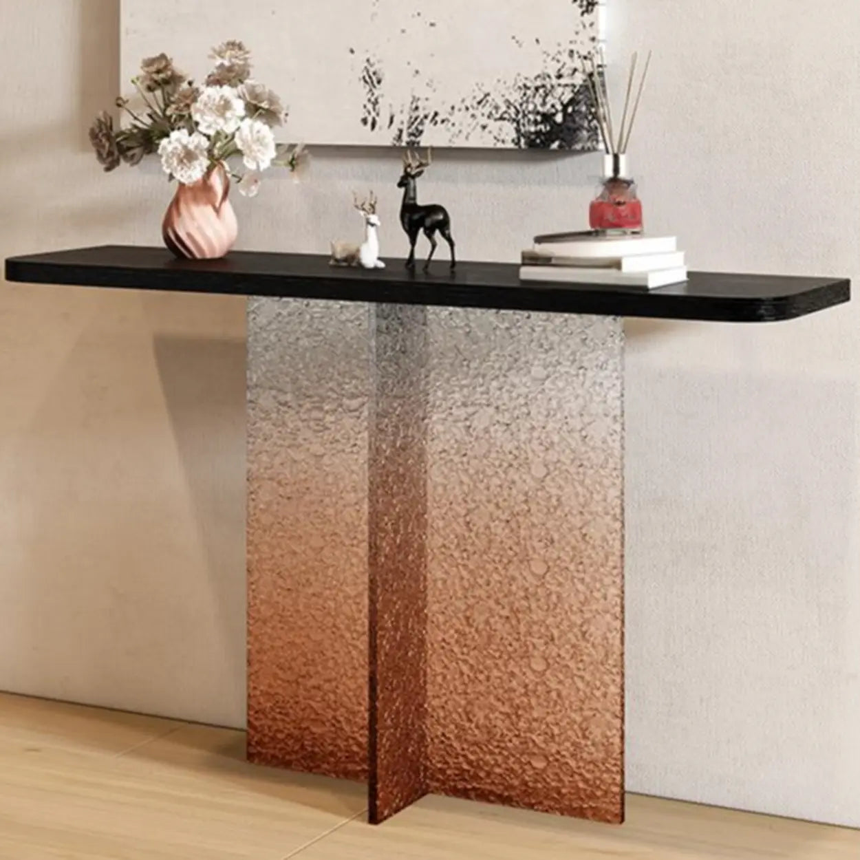 Modern Pedestal Stump Black Top Console Table — Tan