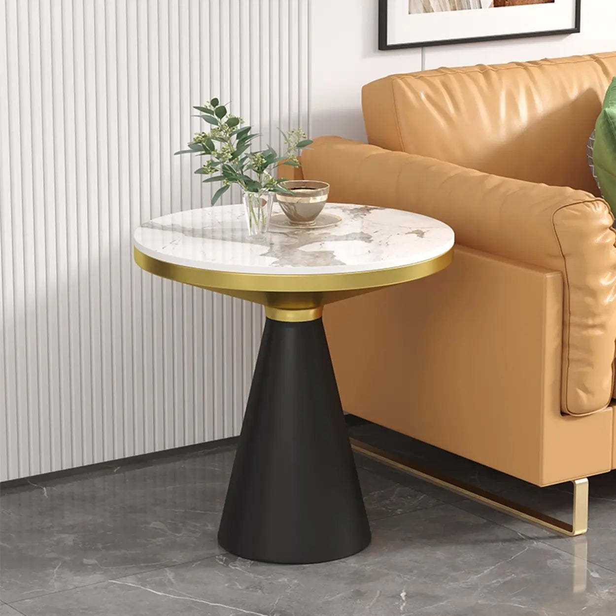 Modern Pedestal Round Sintered Stone End Table — Black / White