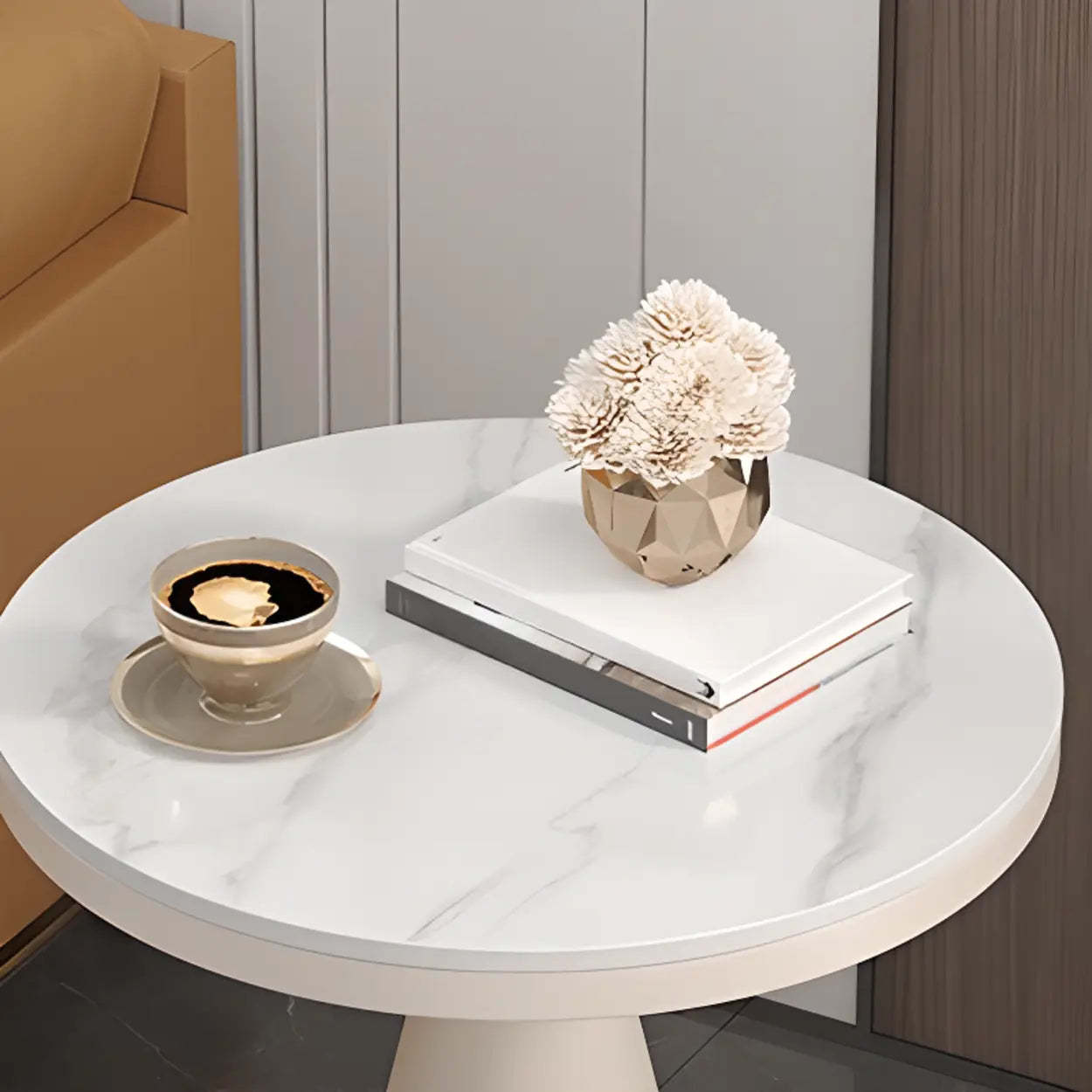 Modern Pedestal Round Sintered Stone End Table — Black / Matte Gray