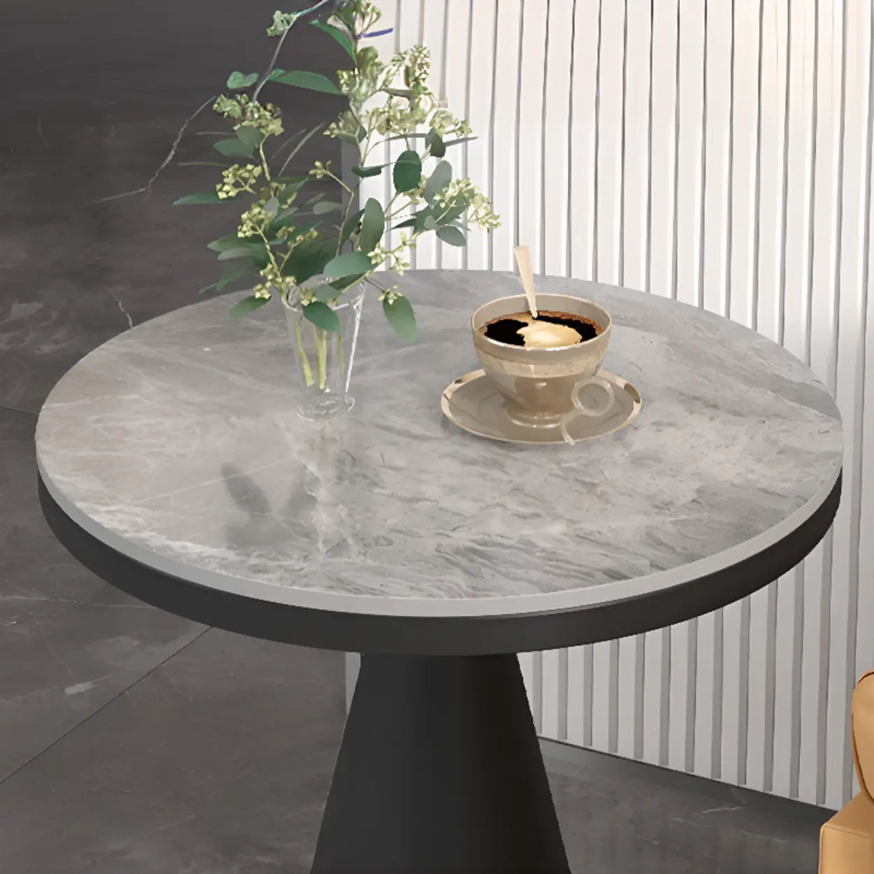Modern Pedestal Round Sintered Stone End Table — Beige / White