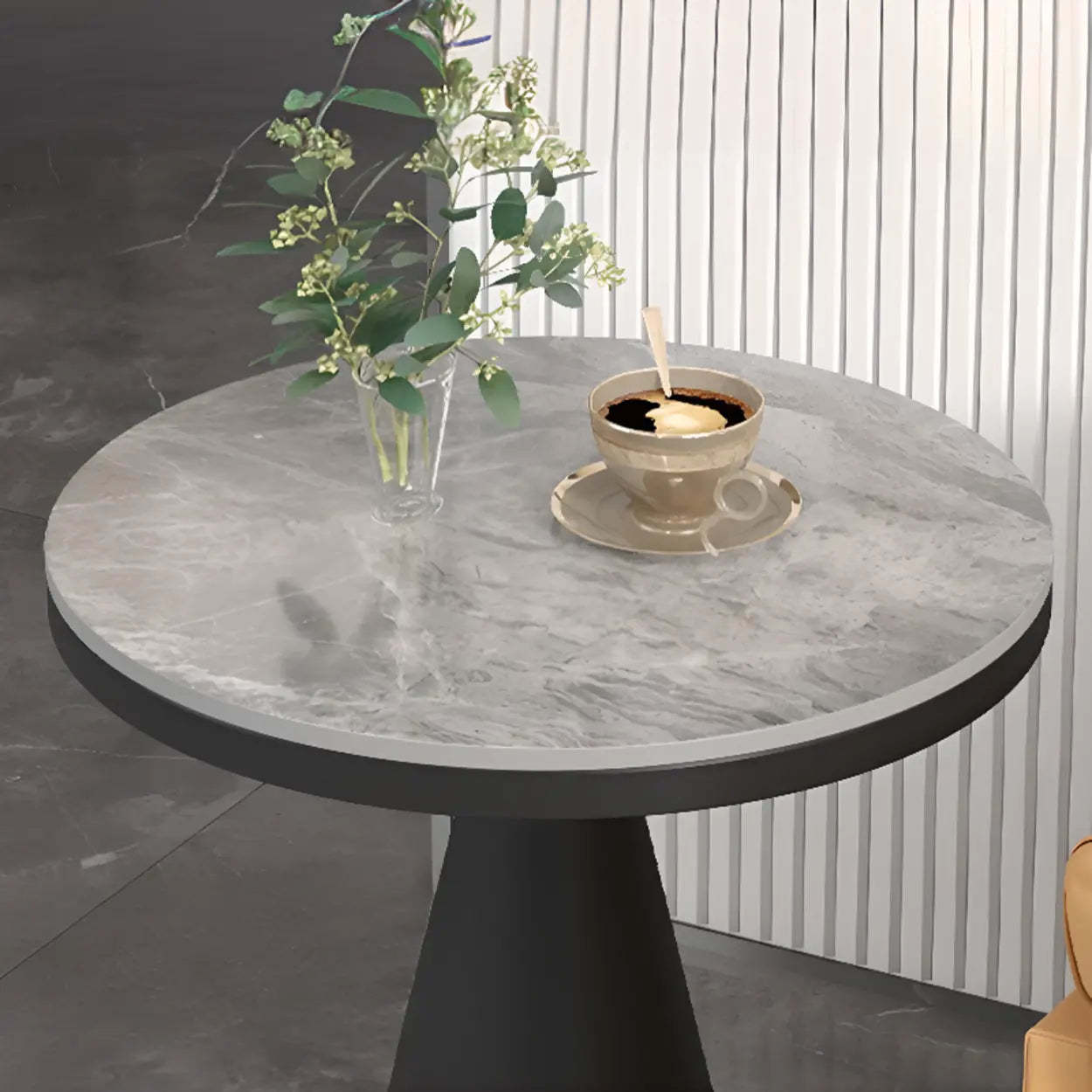Modern Pedestal Round Sintered Stone End Table — Beige / White