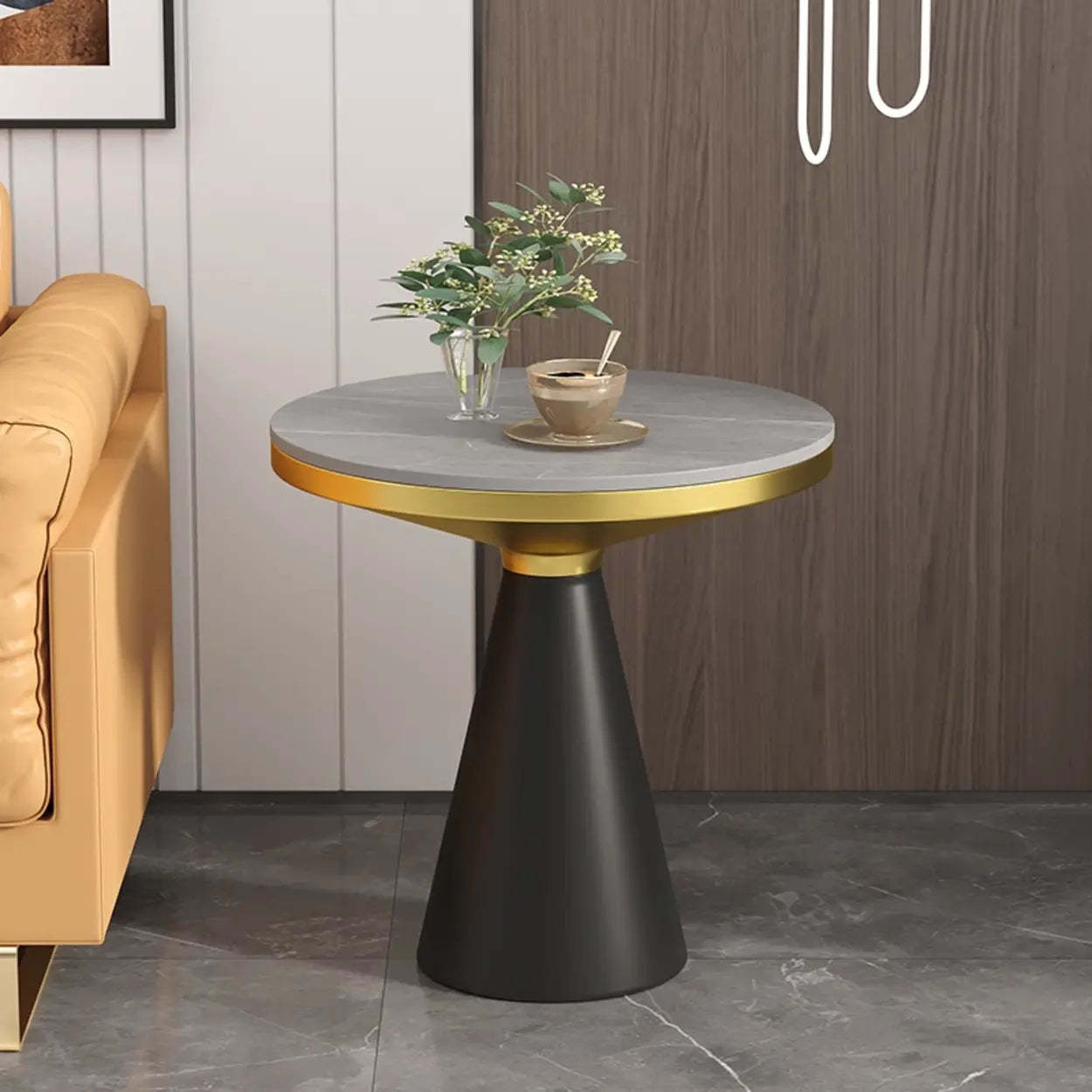 Modern Pedestal Round Sintered Stone End Table — Black / Matte Gray