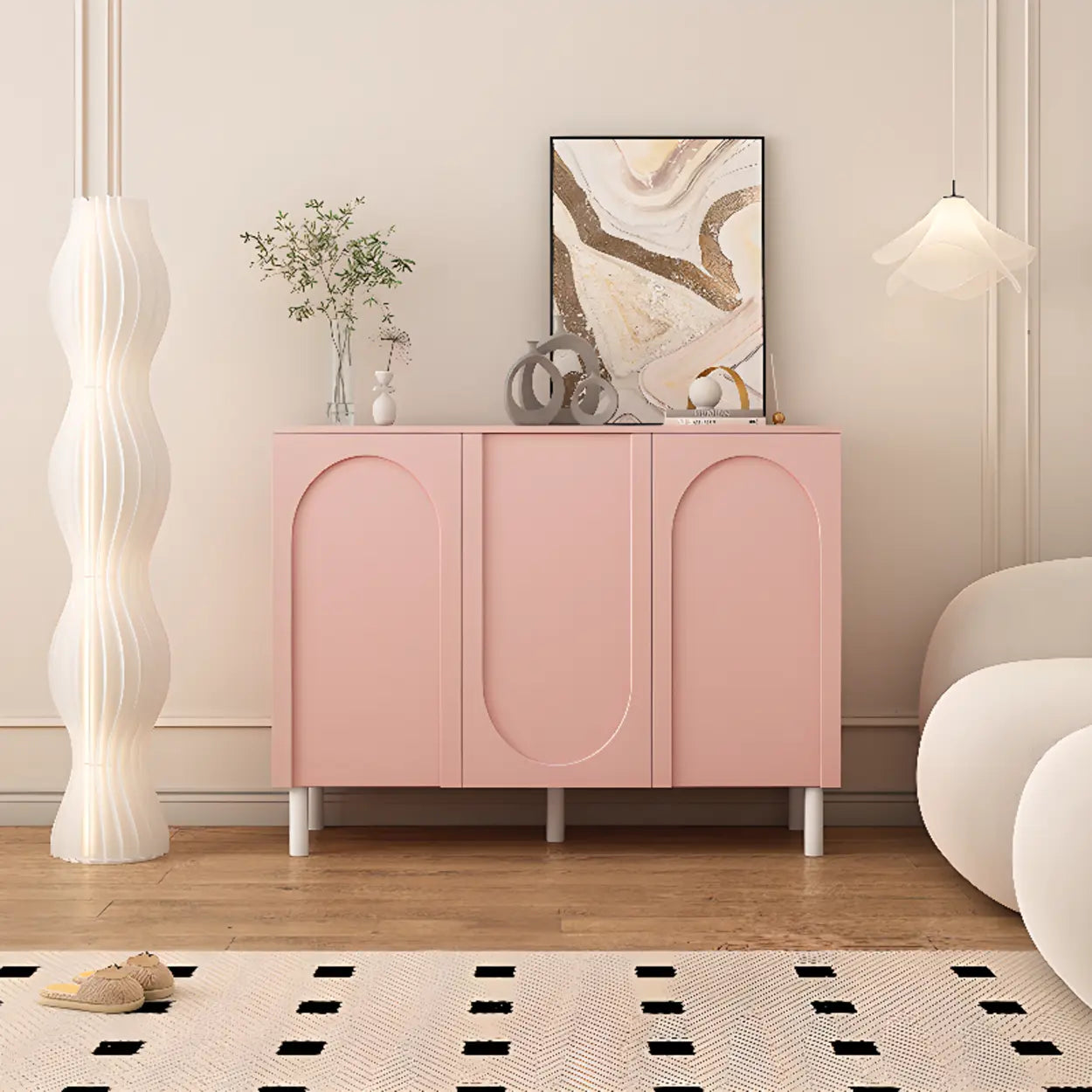 Modern Pink Wood 3-Door Shoe Cabinet — White