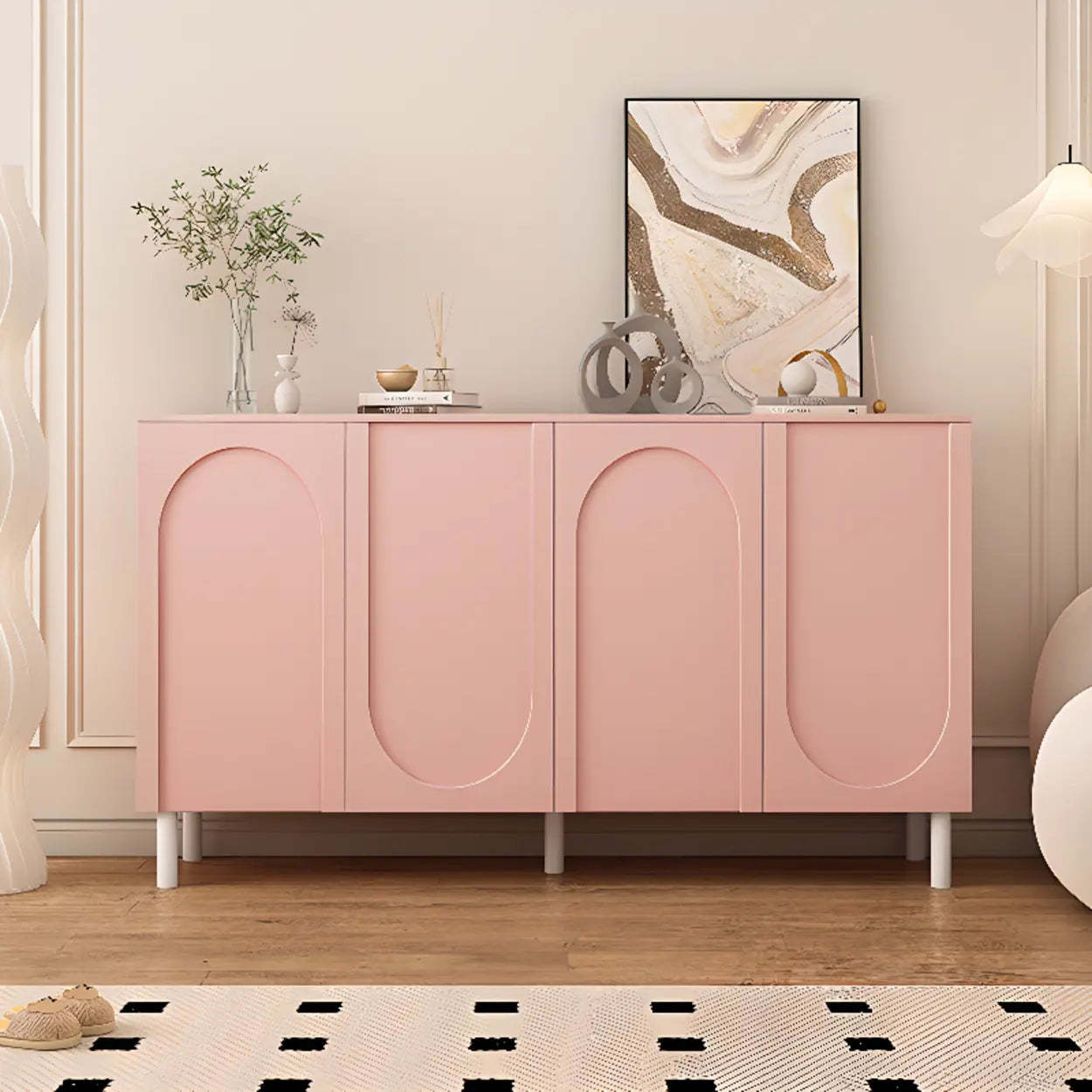 Modern Pink Wood 3-Door Shoe Cabinet — Butter Yellow