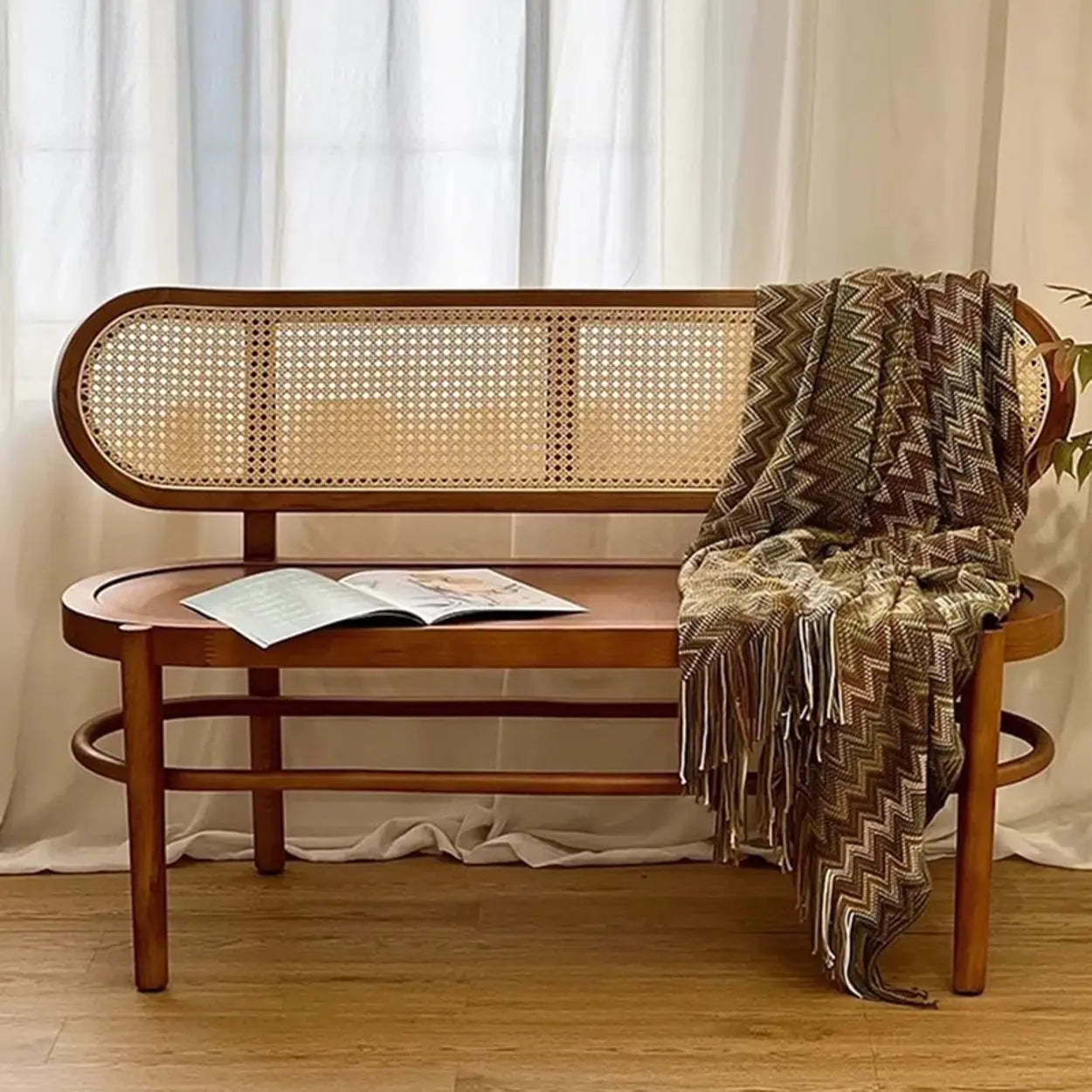 Modern Rattan-Back Wooden Bench — Black