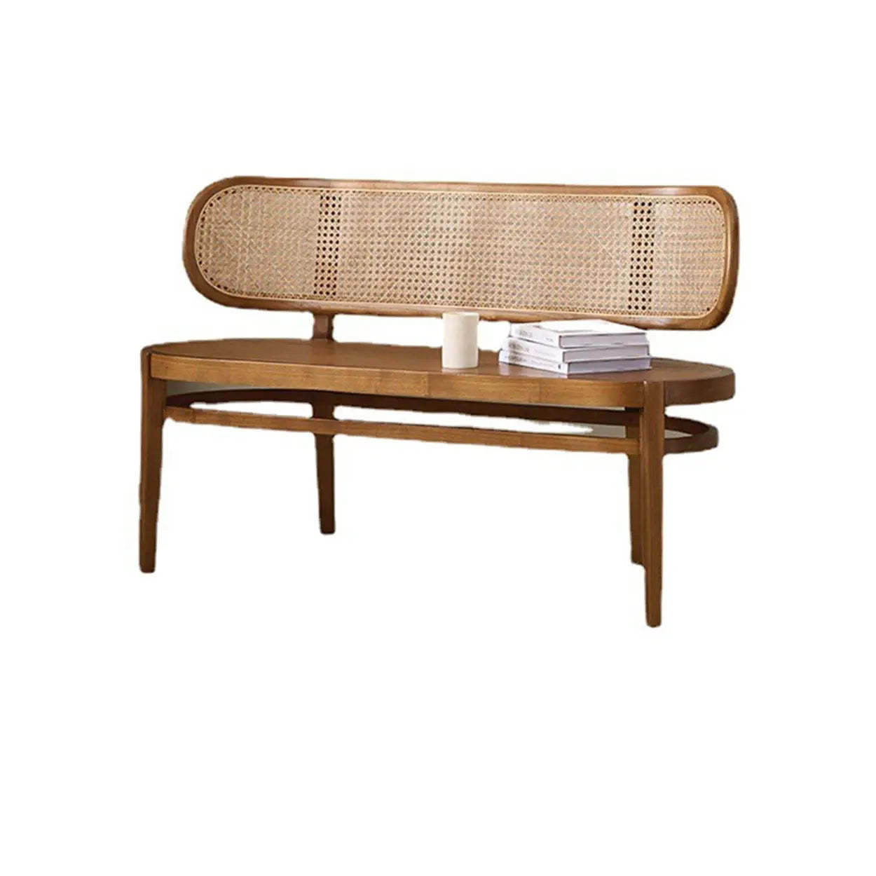 Modern Wood Bench with Rattan Back