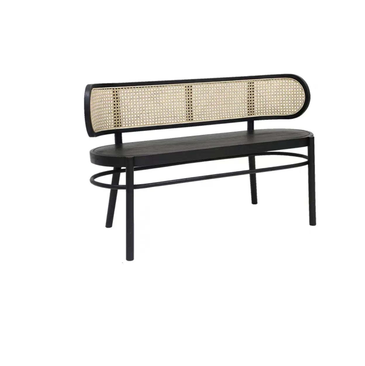 Modern Rattan-Back Wooden Bench — Black
