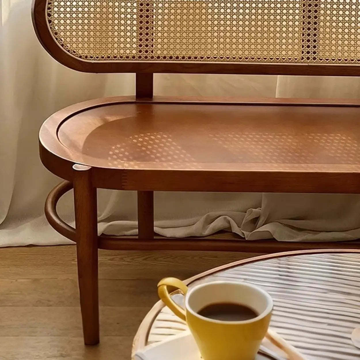 Modern Rattan-Back Wooden Bench — Walnut