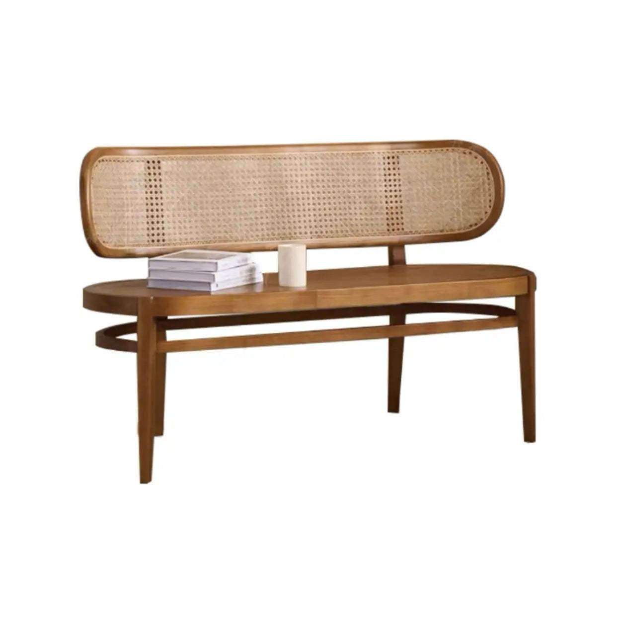 Modern Rattan-Back Wooden Bench — Matte Black