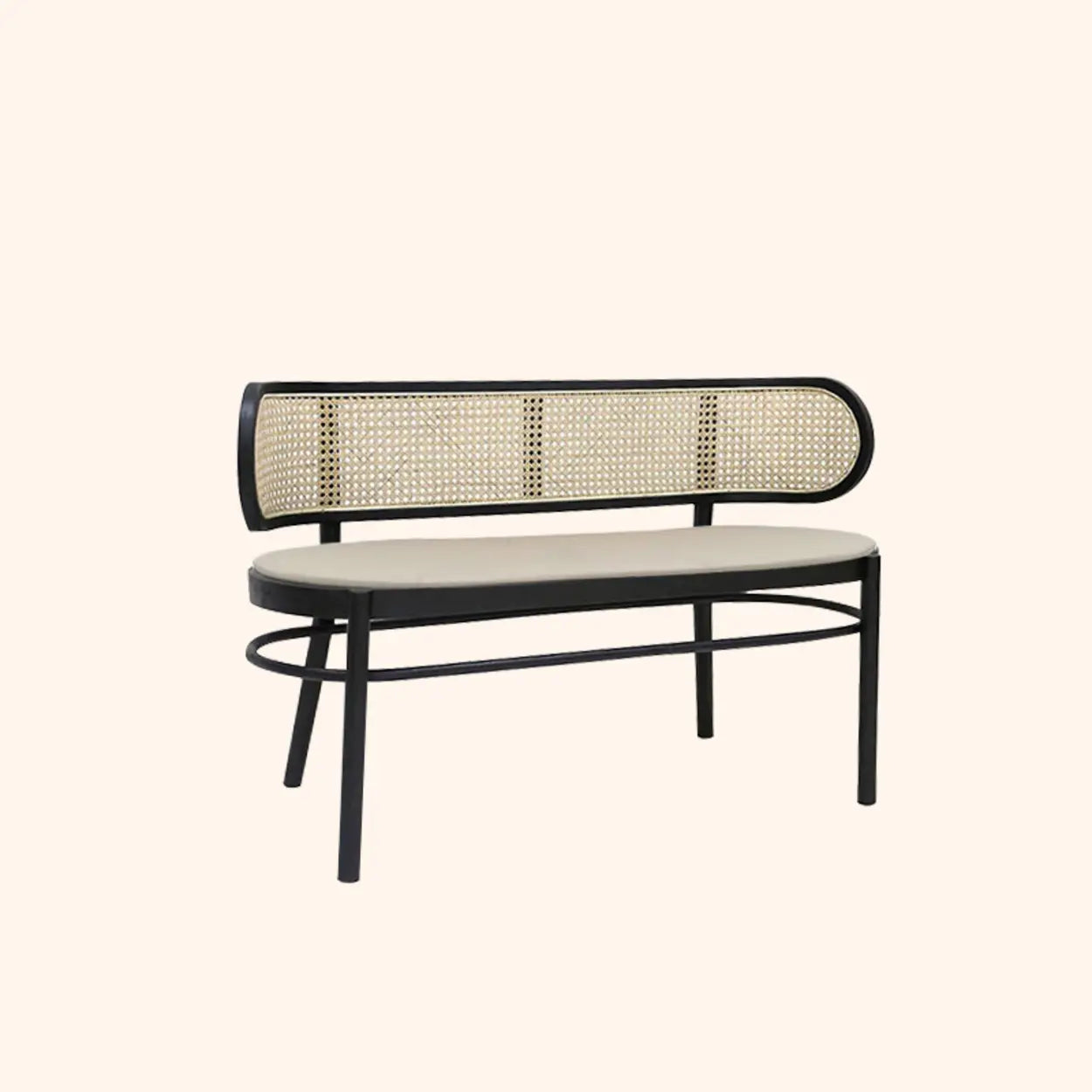 Modern Rattan-Back Wooden Bench — Black
