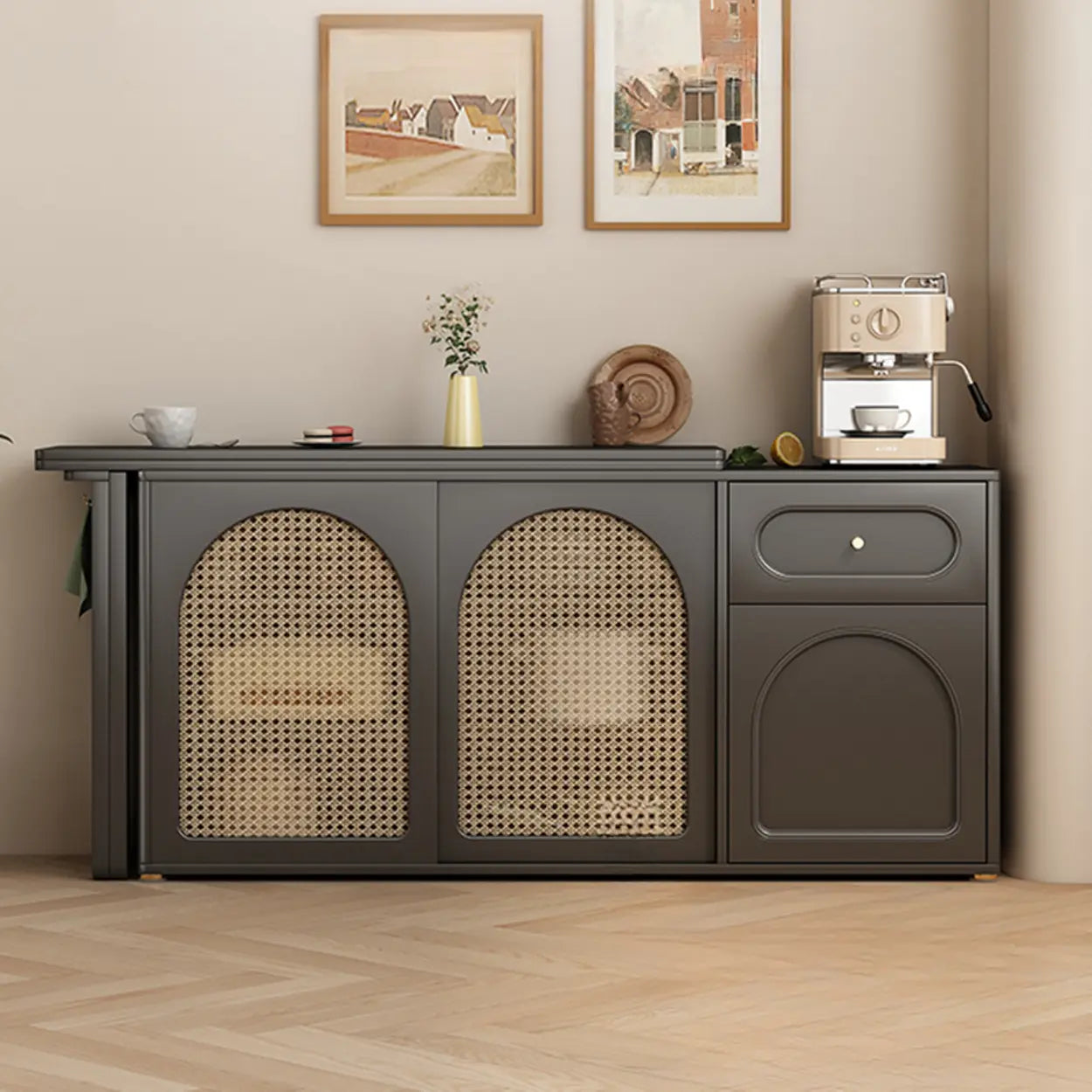 Modern Rattan Sideboard with Storage Drawers — Black / Table Only