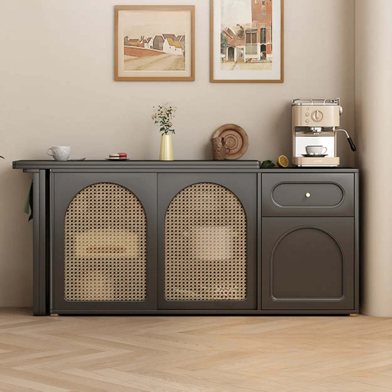Modern Rattan Sideboard with Storage Drawers — Black / Table Only