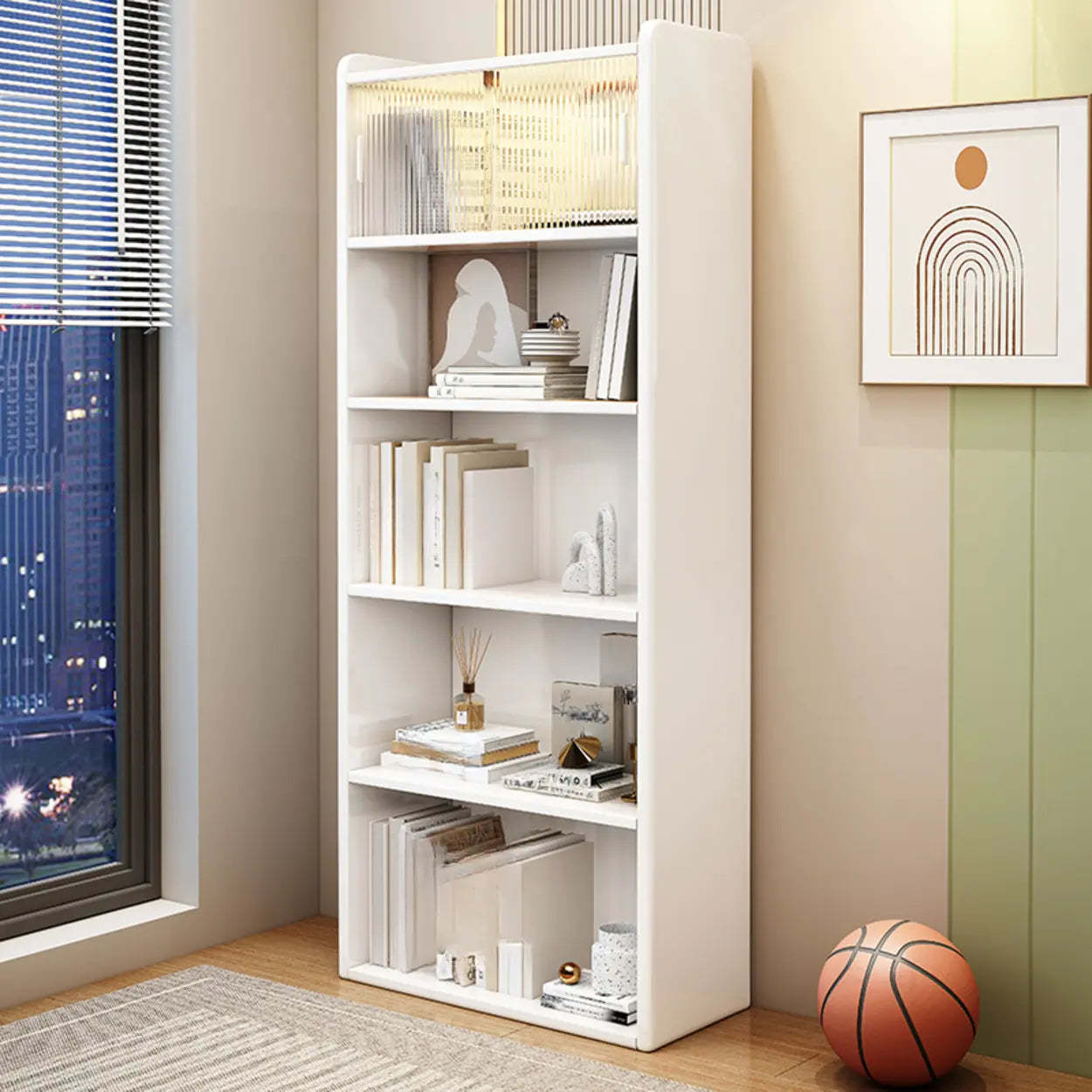 Modern Rectangular 5-Tier Vertical Bookcase — White