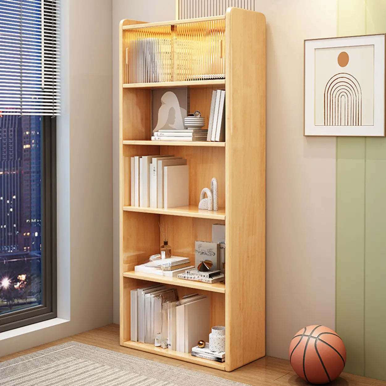 Modern Rectangular 5-Tier Vertical Bookcase — Blue-White