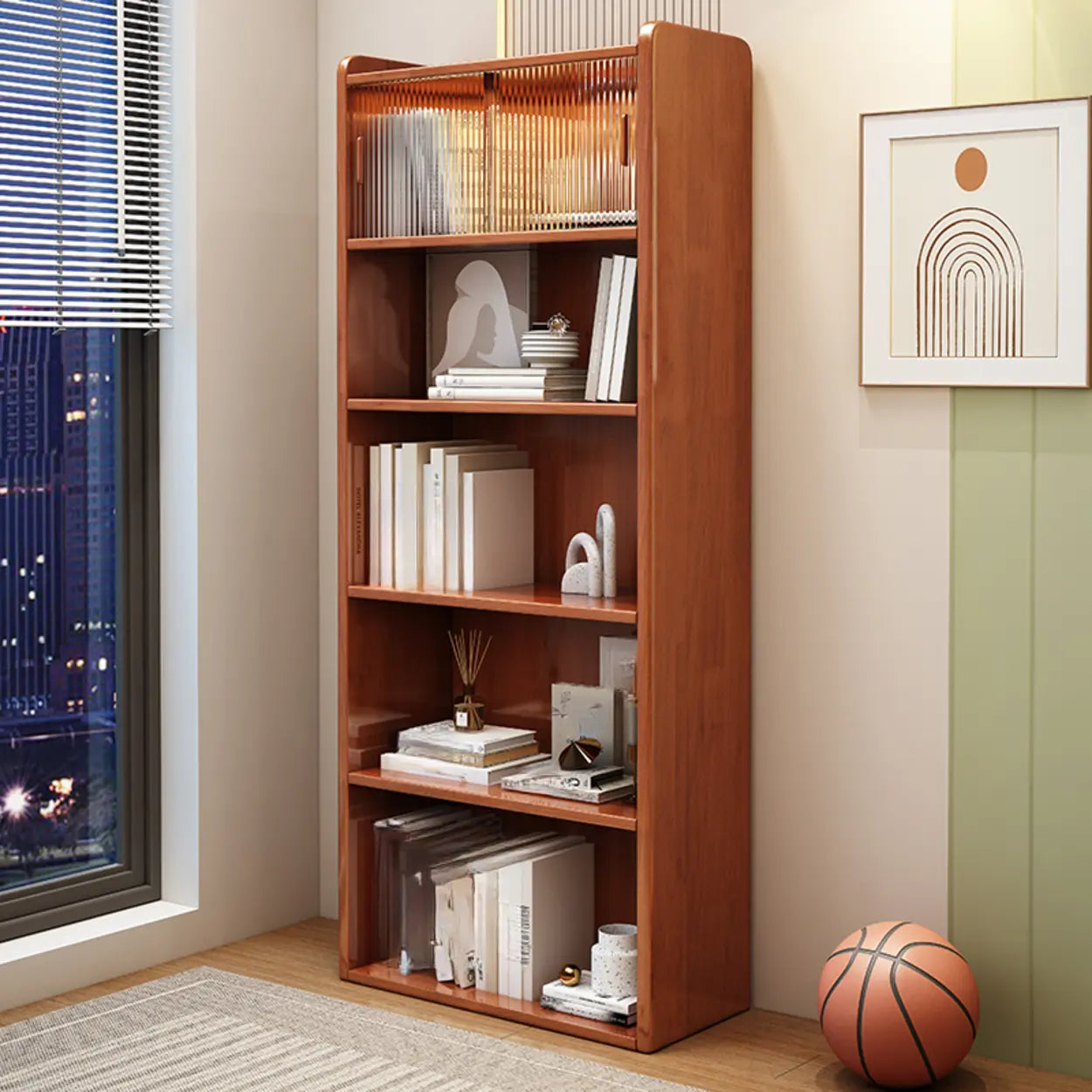 Modern Rectangular 5-Tier Vertical Bookcase — Pink-White